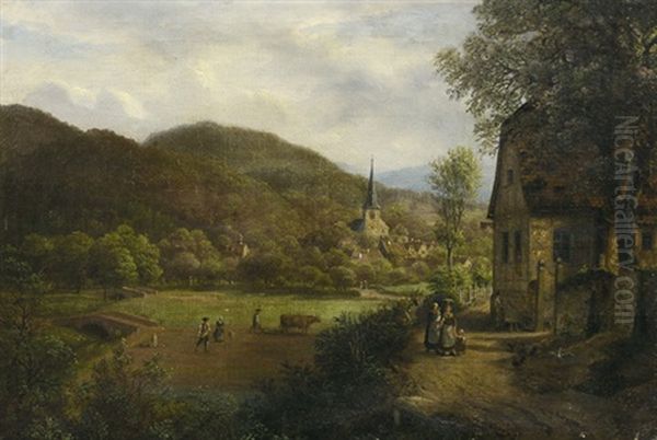 Blick Auf Ein Dorf Im Odenwald Oil Painting by Johann Heinrich Schilbach