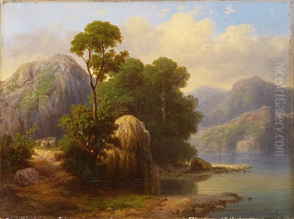 Sommerliche Flusslandschaft Mit Gebirgshintergrund Und Malerischer Baum-/felsgruppe Oil Painting by Johann Heinrich Schilbach