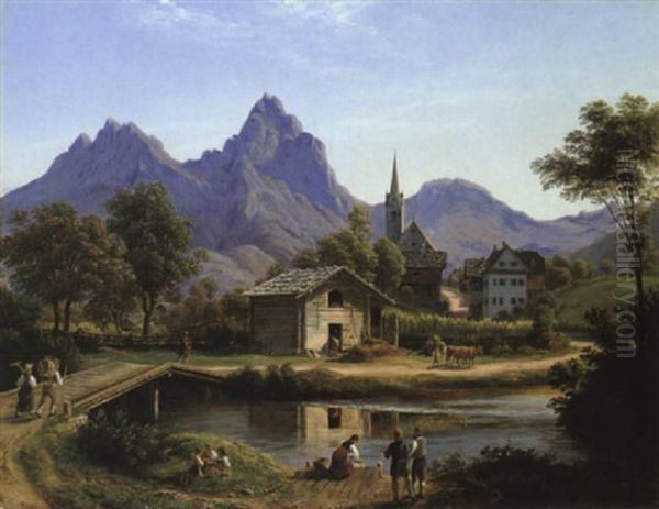 Gebirgslandschaft Bei Berchtesgaden Oil Painting by Johann Heinrich Schilbach