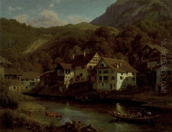 Dorf Am Flus Oil Painting by Johann Heinrich Schilbach