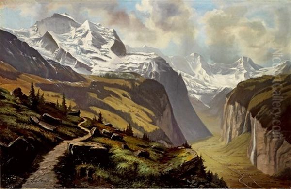 Blick Ins Lauterbrunnental Mit Wengernalp, Jungfrau, Gross- Und Breithorn Oil Painting by Matthaeus Schild-Bichsel