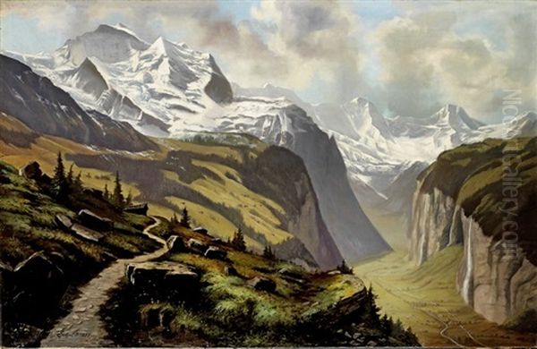 Blick Ins Lauterbrunnental Mit Wengernalp, Jungfrau, Gross- Und Breithorn Oil Painting by Matthaeus Schild-Bichsel