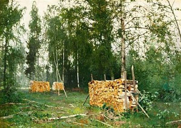 Spring Forest With Piled Birch Wood Oil Painting by Andrej Nikolajevich Schilder