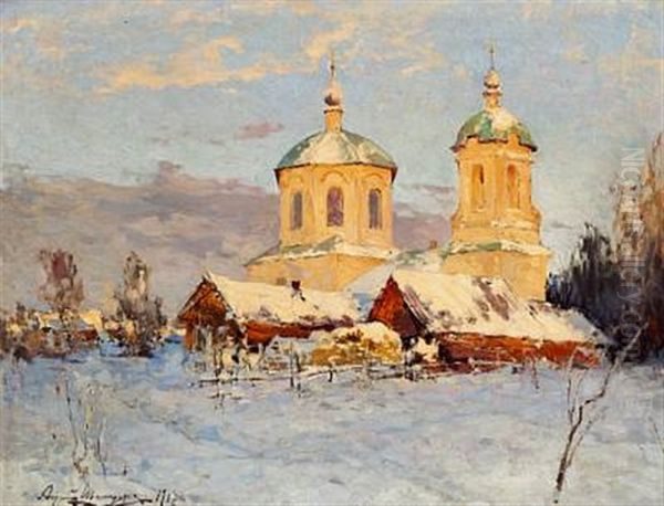 Winter Landscape With A Church In The Evening Sun Oil Painting by Andrej Nikolajevich Schilder