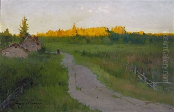 Rural Landscape With A Sunlit Wooded Horizon Oil Painting by Andrej Nikolajevich Schilder