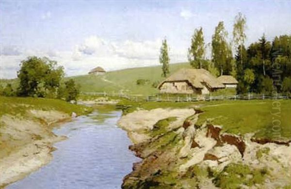 Thatched Cottages Along A Stream Oil Painting by Andrej Nikolajevich Schilder