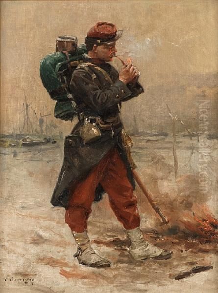 A French Infantryman On Guard Duty Lighting Apipe Oil Painting by Paul Emile Boutigny