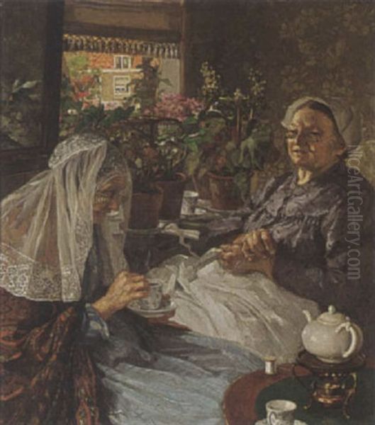 Twee Zeeuwse Vrouwtjes In Interieur Oil Painting by Martinus Schildt