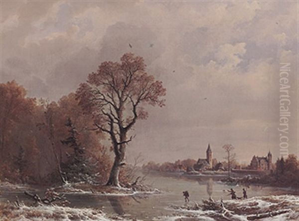 Winterlandschaft Mit Zugefrorenem Flusslauf, Kirche Und Malerischem Schloss Oil Painting by Heinrich Schilking