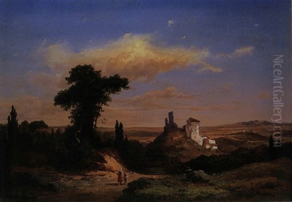 Italienische Landschaft Mit Gebaude Und Personenstaffage Oil Painting by Heinrich Schilking