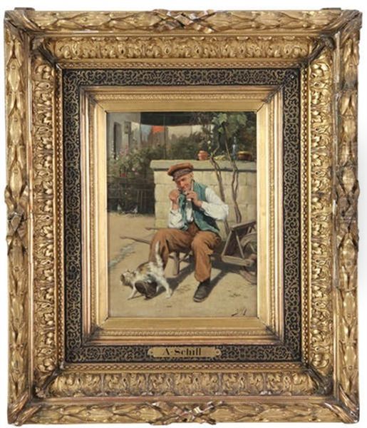 Homme A La Pipe Sur Chariot, Chat A Ses Cotes Oil Painting by Adolf Schill