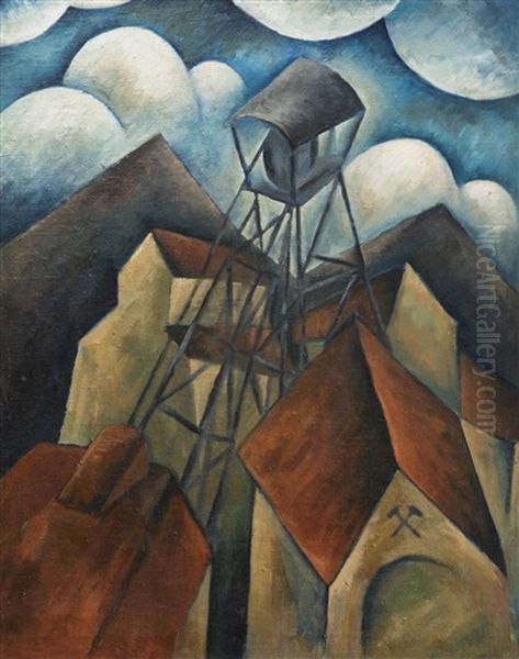 A Headframe Oil Painting by Gejza Schiller