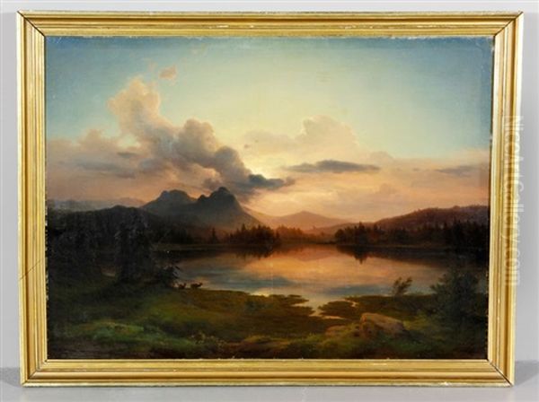 Landscape Of A Lake In A Forest With Mountains In The Distance Oil Painting by Johann Felix Von Schiller