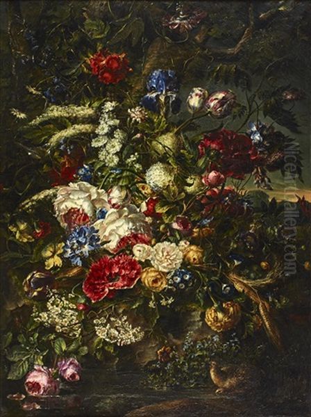 Still Life With Flowers And Birds Oil Painting by Louis Pierre Schilt