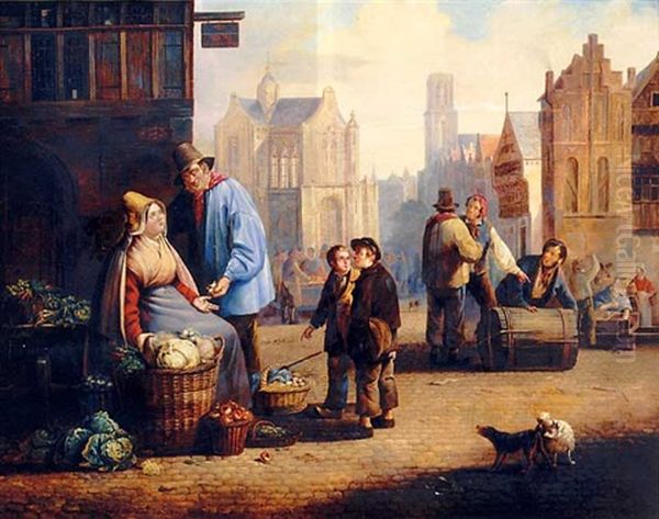 A Vegetable Seller At A Market In A City Centre, Children Playing Nearby Oil Painting by Gerrit Schimmelpennick