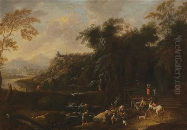 Mountainous Landscape With Figures Oil Painting by Maximilian Joseph Schinagl