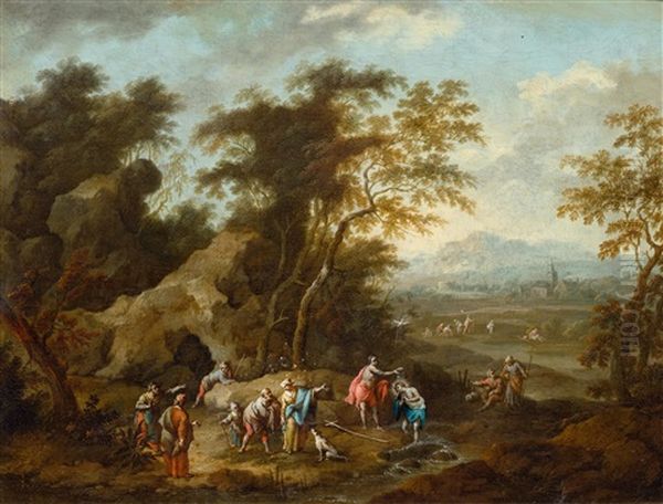 The Baptism Of Christ In A Landscape Oil Painting by Maximilian Joseph Schinagl