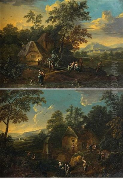 Paysages De Riviere Avec Des Lavandieres Au Soleil Couchant (pair) Oil Painting by Maximilian Joseph Schinagl