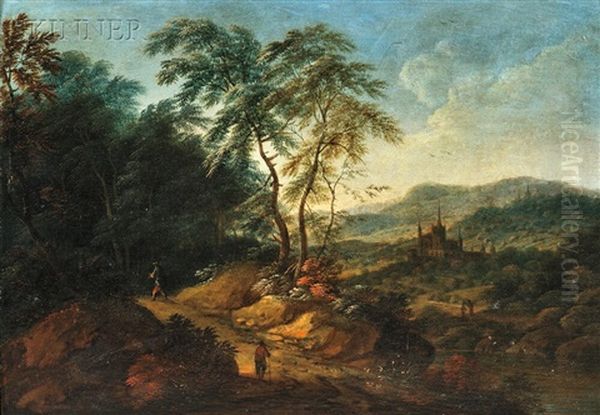 Landscape With Travelers On A Dirt Road And Distant Castle Oil Painting by Maximilian Joseph Schinagl