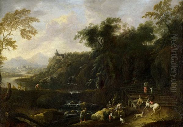 Gebirgige Flusslandschaft Mit Angler Und Weiteren Figuren Oil Painting by Maximilian Joseph Schinagl