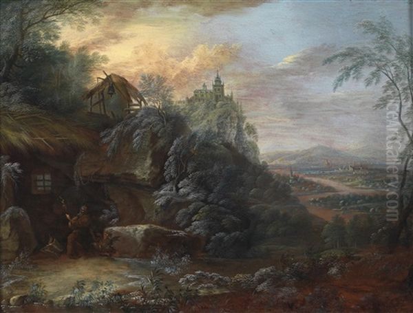 Zwei Landschaften Mit Der Versuchung Des Heiligen Antonius Beziehungsweise Mit Dem Heiligen Benedikt Und Der Heiligen Scholastika Im Gesprach Oil Painting by Maximilian Joseph Schinagl