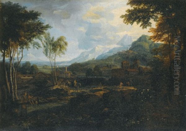 An Extensive Mountainous Landscape With Buildings, Riders And Other Figures Oil Painting by Maximilian Joseph Schinagl