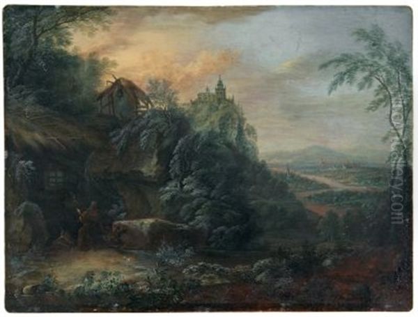 Die Versuchung Des Heiligen Antonius  (+ Waldlandschaft Mit Monch Und Nonne Im Gesprach, Smllr; Pair) Oil Painting by Maximilian Joseph Schinagl