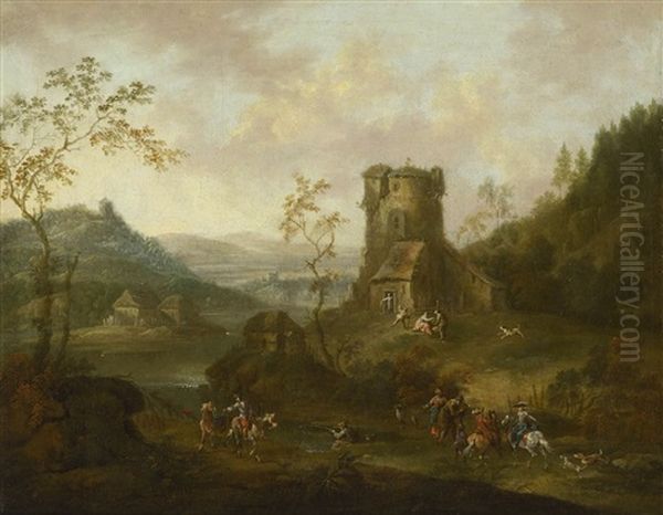 Flusslandschaft Mit Altem Turm Und Figurenstaffage Oil Painting by Maximilian Joseph Schinagl