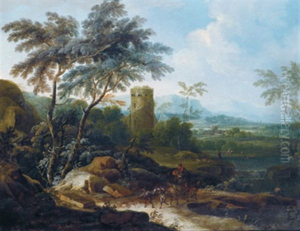 Weite, Bewaldete Landschaft Mit Einem Turm Und Reisenden Oil Painting by Maximilian Joseph Schinagl