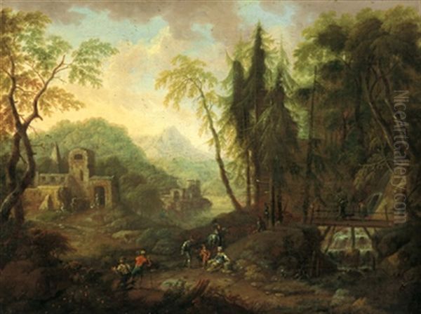 Bewaldete Flusslandschaft Mit Ruinen Und Figuren Oil Painting by Maximilian Joseph Schinagl