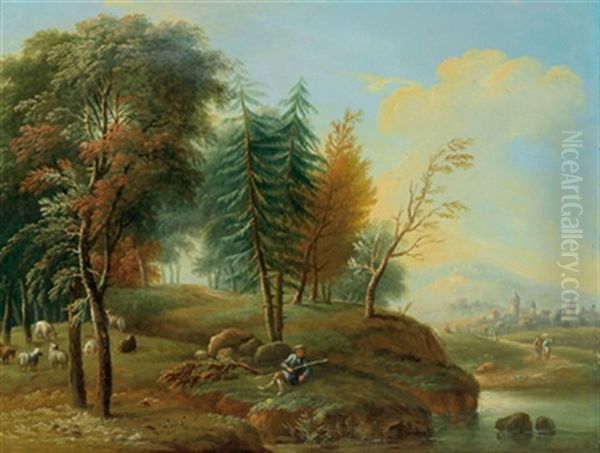 Bewaldete Flusslandschaft Mit Hirt Und Herde (+ Bewaldete Landschaft Mit Rastenden An Einem Bach; Pair) Oil Painting by Maximilian Joseph Schinagl