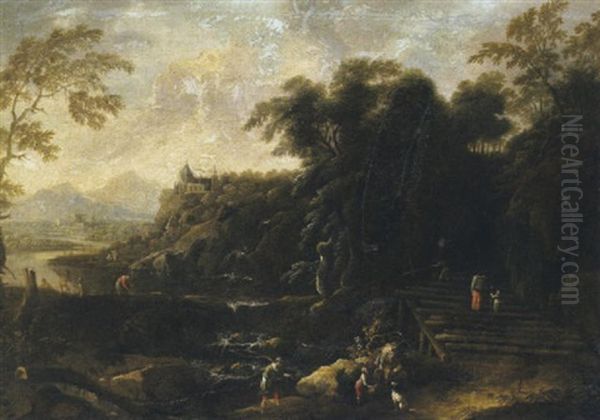 Gebirgige Fluslandschaft Mit Figuren Oil Painting by Maximilian Joseph Schinagl