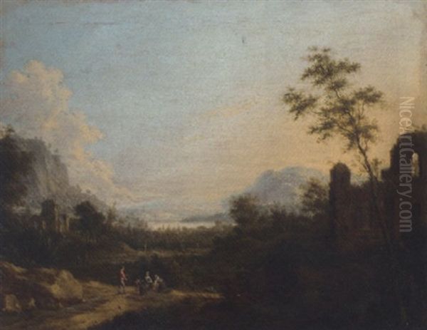 A Mountainous River Landscape With Figures On A Path By Classical Ruins Oil Painting by Maximilian Joseph Schinagl