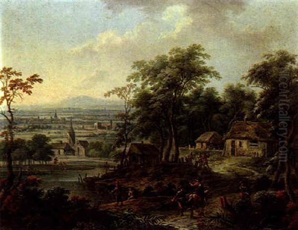 Weite, Bewaldete Landschaft Mit Einem Dorf Und Figuren An Einem Teich Oil Painting by Maximilian Joseph Schinagl