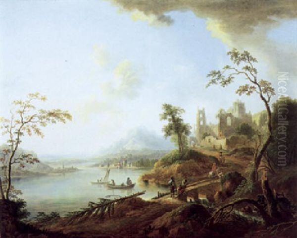 Rheinlandschaft Mit Einem Stadtchen Am Flus Oil Painting by Maximilian Joseph Schinagl