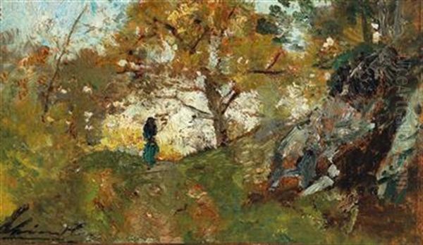 Woodland Path With Decorative Figures Oil Painting by Emil Jacob Schindler