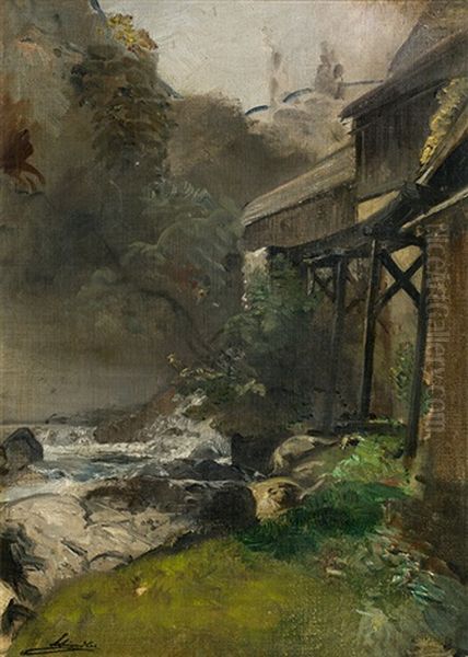 Mill Stream, Sketch Oil Painting by Emil Jacob Schindler