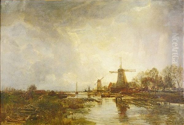 Windmills In Dutch Countryside Oil Painting by Emil Jacob Schindler