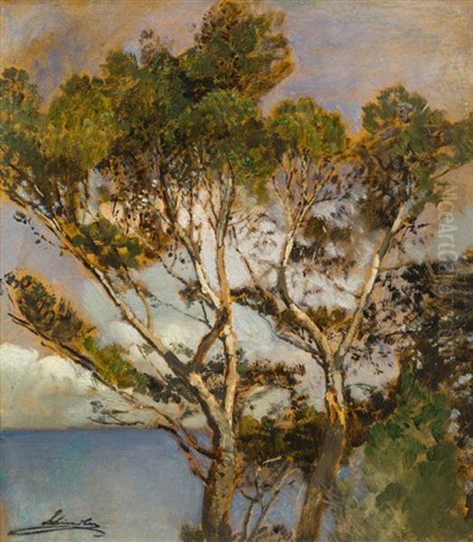 Trees By The Ocean Oil Painting by Emil Jacob Schindler