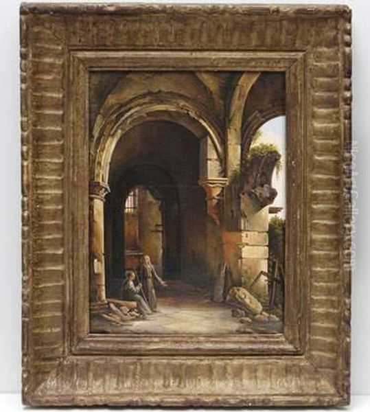 Personnages Dans Les Ruines Oil Painting by Charles Marie Bouton