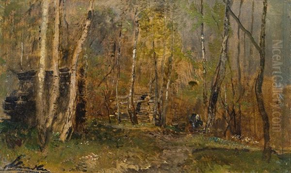 Holzsammlerin Im Birkenwald Bei Hutteldorf Oil Painting by Emil Jacob Schindler