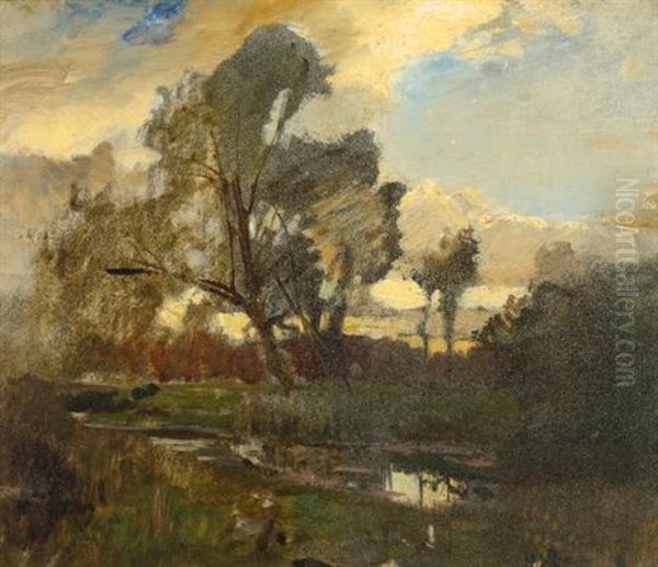 Scene From The Prater And Ducks In A River By A Farmhouse (2 Works) by Emil Jacob Schindler