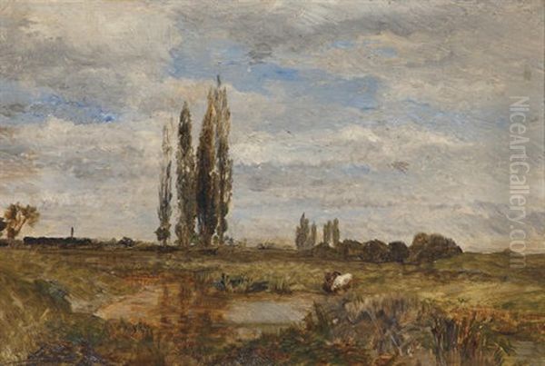 Landschaft Bei Lundenburg - Watering Cows Near Lundenburg Oil Painting by Emil Jacob Schindler