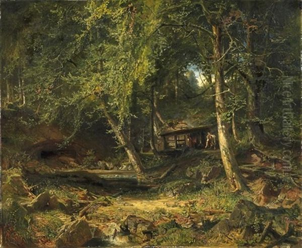 Waldinneres Mit Kleinem Bachlauf Und Hufschmiede Oil Painting by Emil Jacob Schindler