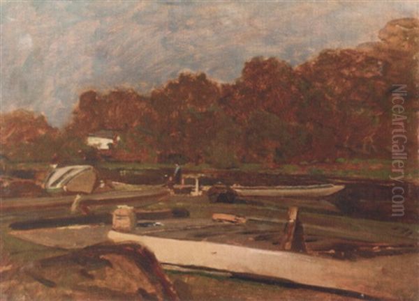 Boats At Dock Along The Riverbank Oil Painting by Emil Jacob Schindler