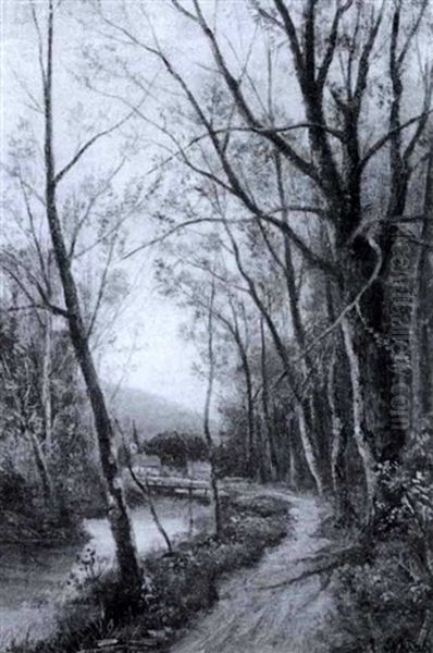 Bachlandschaft Im Fruhling Mitausblick Auf Ein Kirchdorf Oil Painting by Emil Jacob Schindler