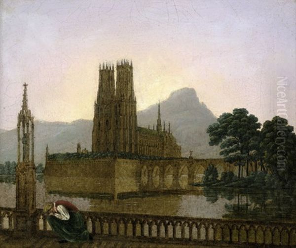 Gotischer Dom In Einem See, Im Vordergrund Eine Kniende Frau Vor Einer Heiligenstatue Oil Painting by Karl Friedrich Schinkel