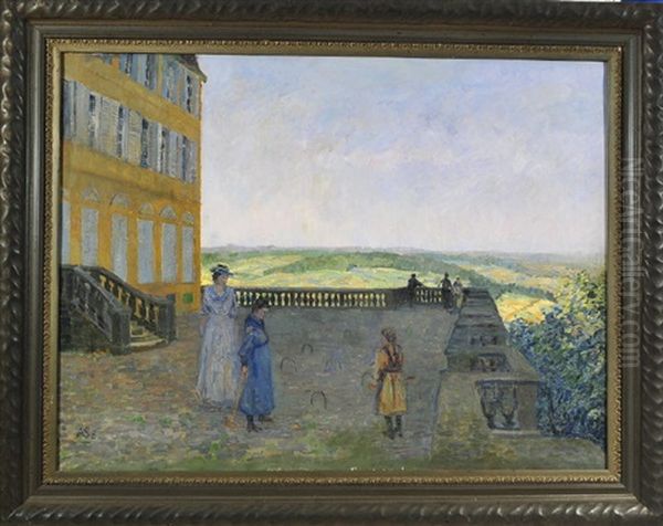 Damengesellschaft Beim Cricketspiel Auf Der Schlosterrasse Mit Blick In Eine Weite Sommerlandschaft Oil Painting by Adolf Schinnerer