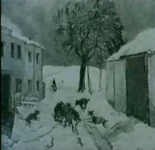 Winterlandschaft Mit Raufenden                              Hunden Oil Painting by Adolf Schinnerer