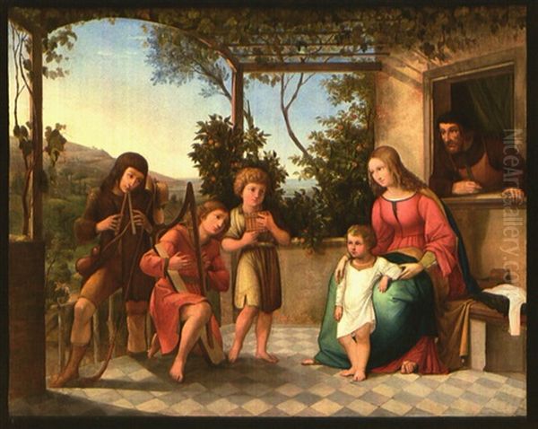 Heilige Familie Mit Musizierenden Hirten Auf Einer Veranda In Sudlicher Landschaft, Umgeben Von Wein Und Orangenbaumen Oil Painting by Johann Caspar Schinz